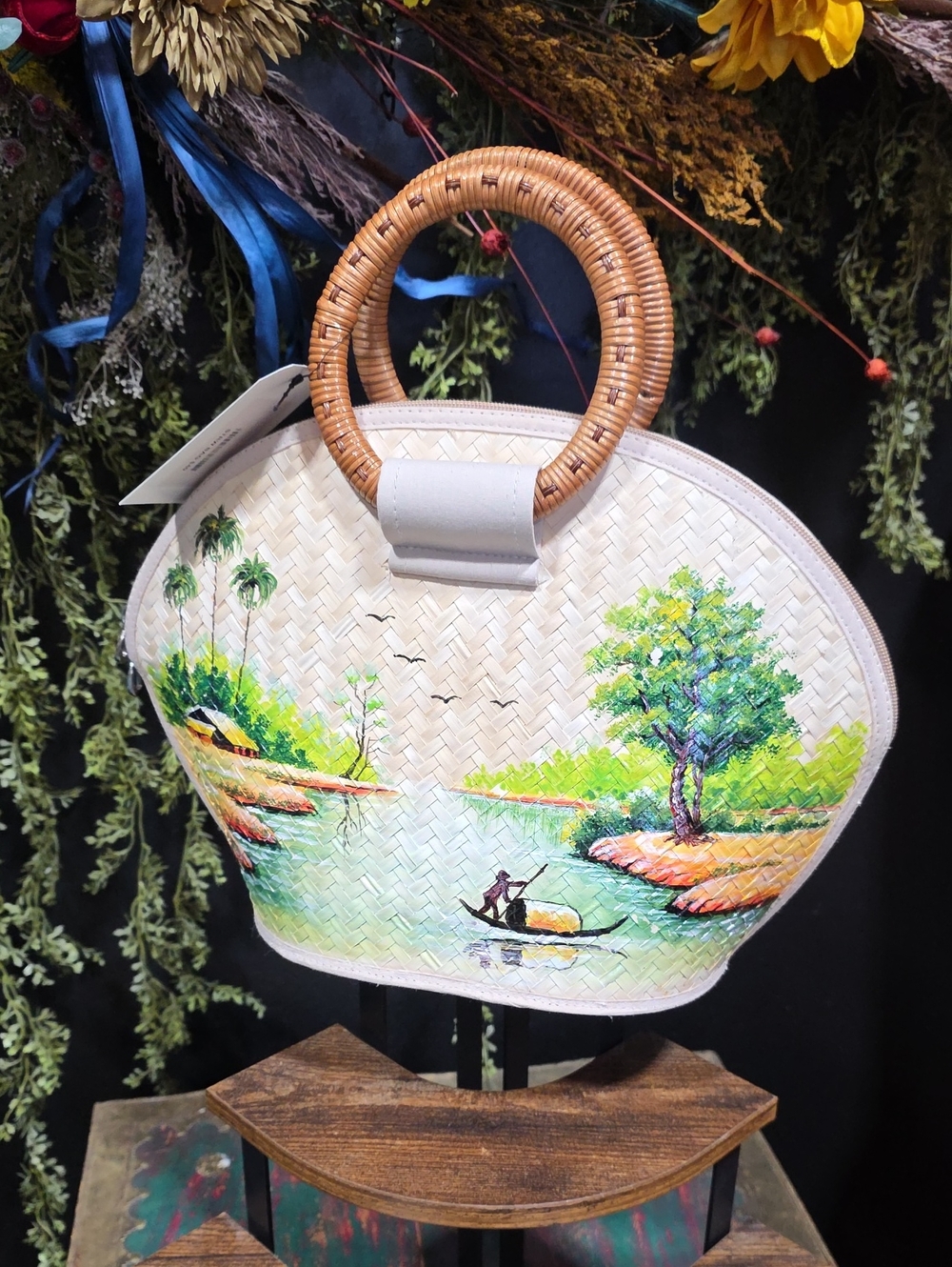 Beige Hand-Painted Woven Round-Handle Tote